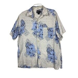 Marc Edwards Shirt Mens Large Blue Floral Linen Blend Short Sleeve Button up